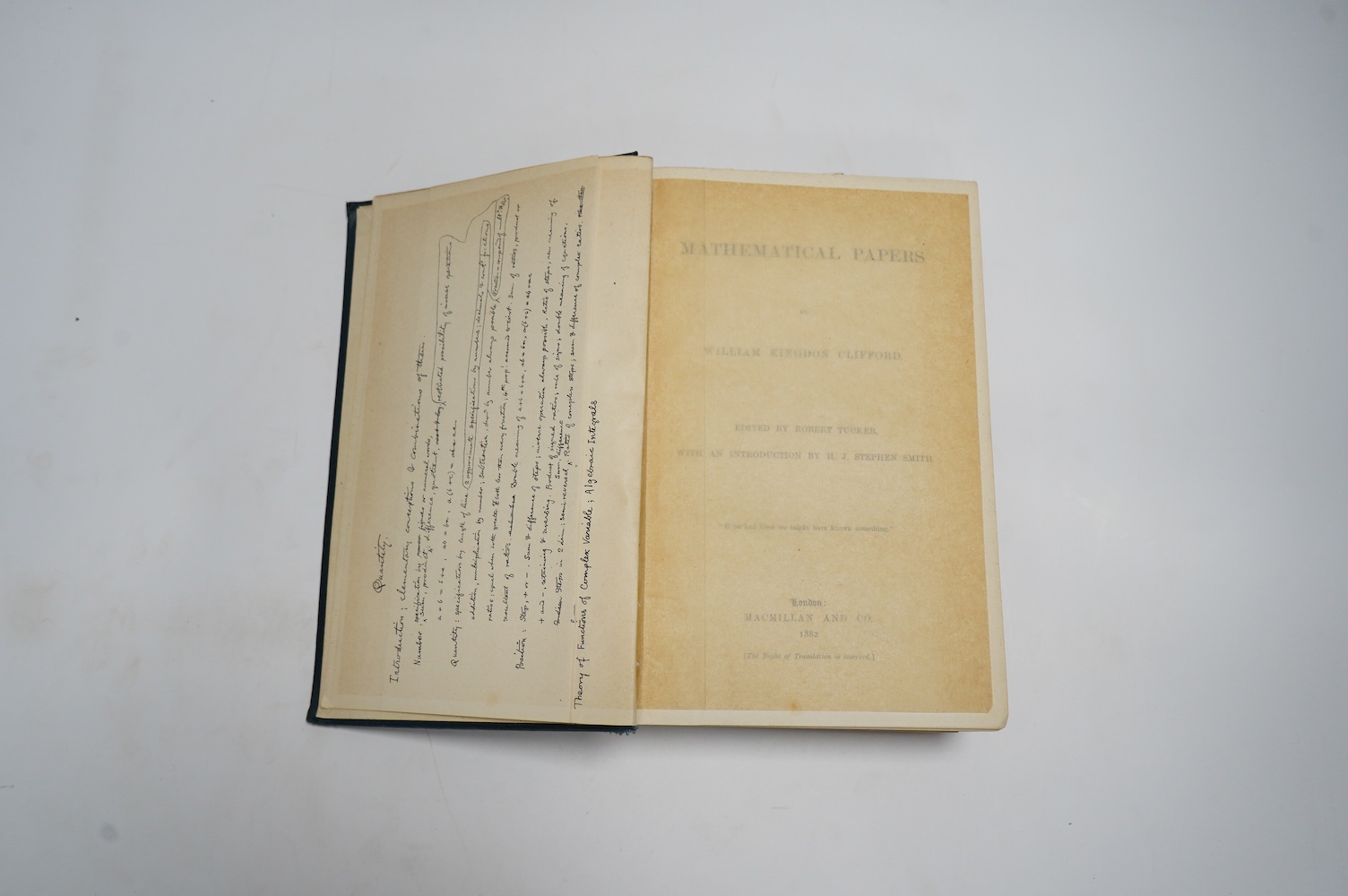 Clifford, William Kingdon - Lectures and Essays, edited by Leslie Stephen and Frederick Pollock, 2 vols, 1st edition, engraved portrait frontispiece and mounted photographic portrait frontispiece, 8vo, cloth, Macmillan a